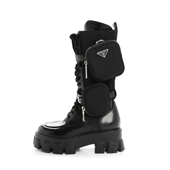 NWT Prada Monolith Combat Tall Boots Black Leather & Nylon Lace Up - Picture 1 of 10